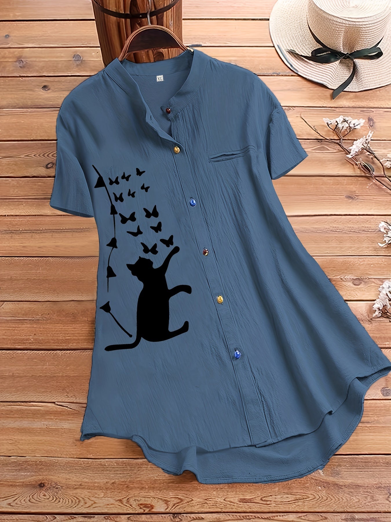  Cat Print Short Sleeve Button Shirt