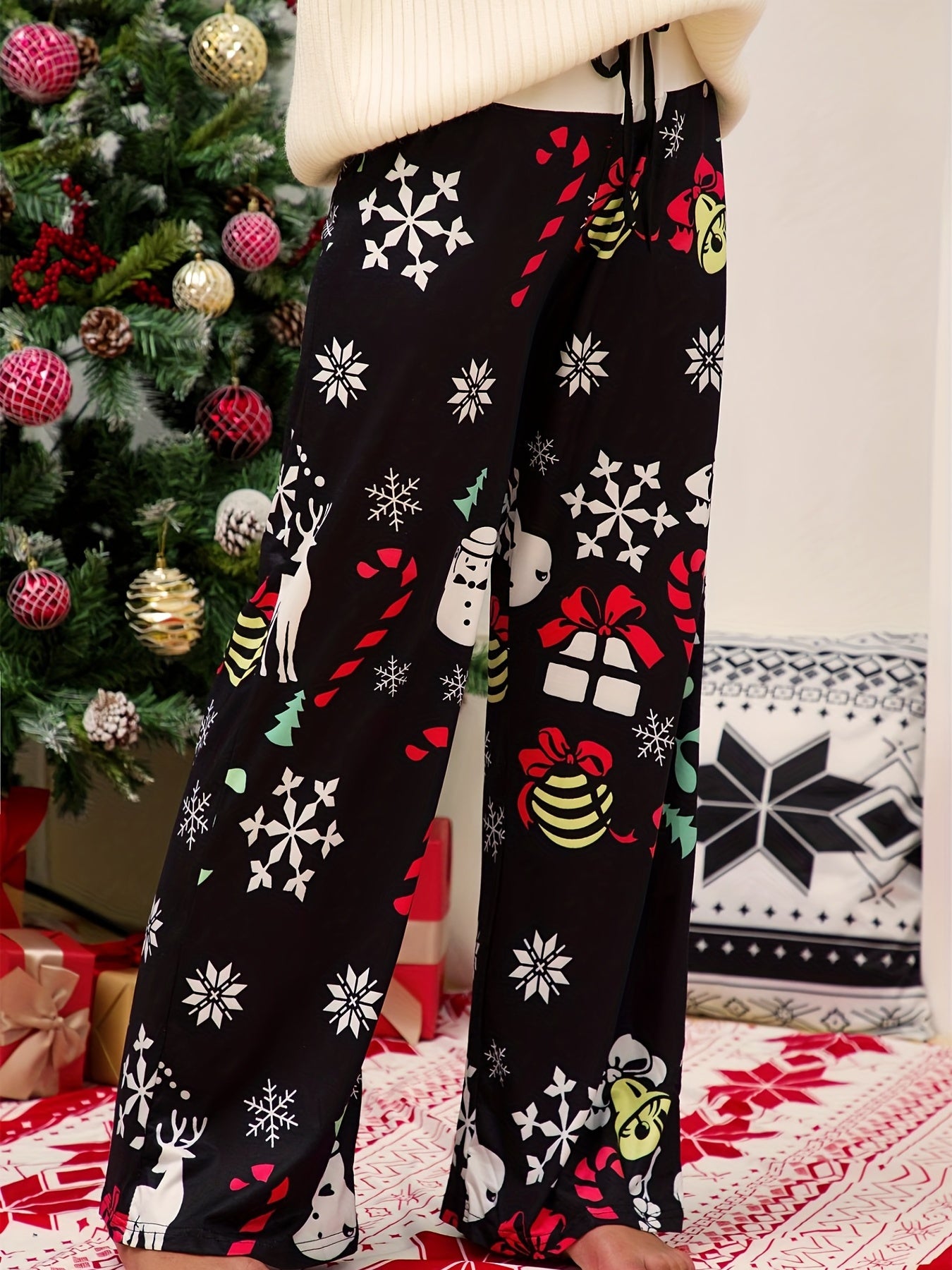  Christmas Pants Women's Plus Gift & Snowflake Print Elastic Drawstring