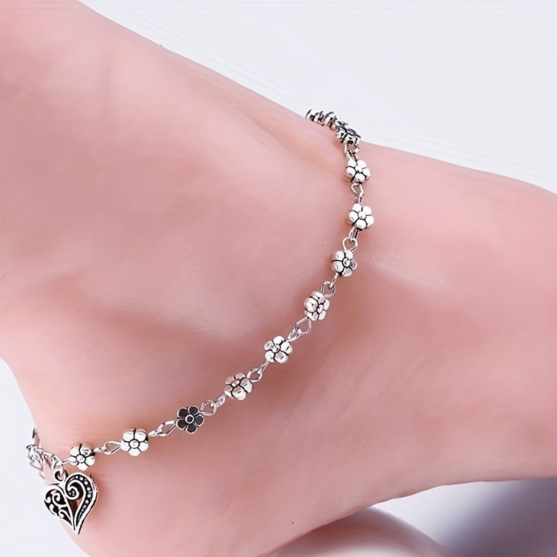 Heart Shape Pendant Beaded Anklet with Flower Beads Boho Style