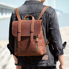 Vintage Leather Backpack Casual Schoolbag Functional Backpack