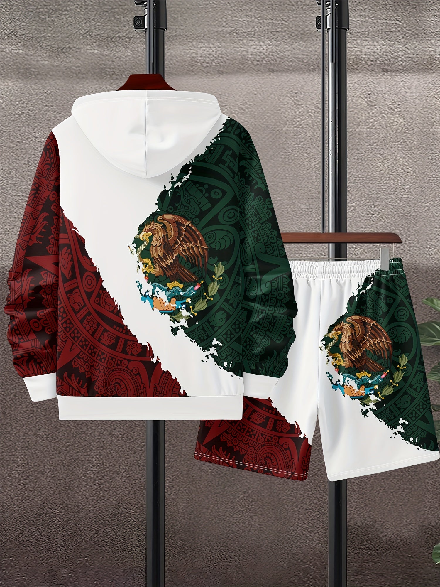 Mexico Rooster Print Men's Casual Hoodie & Shorts Set