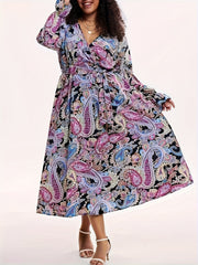  Boho Dress Paisley Print Lantern Sleeve Maxi Dress