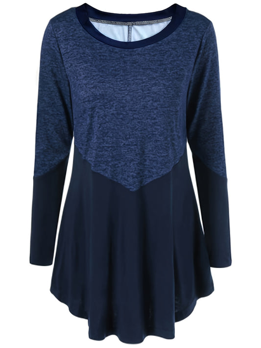  Casual Dress Women's Plus Colorblock Long Sleeve Round Neck Dress