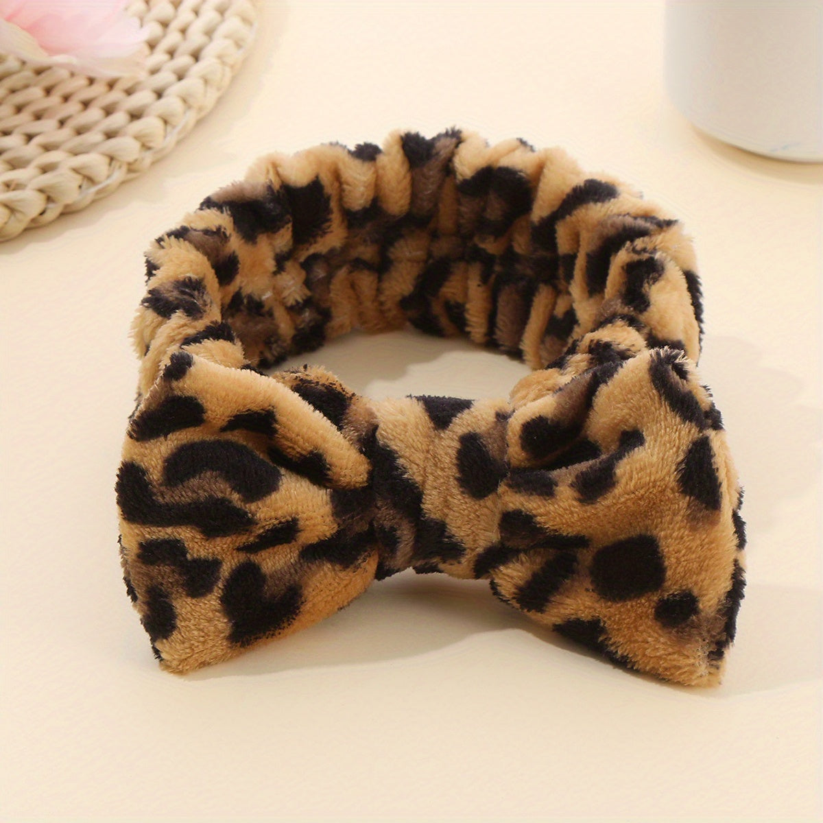 Leopard Plush Bow Headband Stretchy Headdress for Women