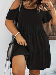  Cold Shoulder Smock Dress Short Sleeve Summer Casual Women's Plain
