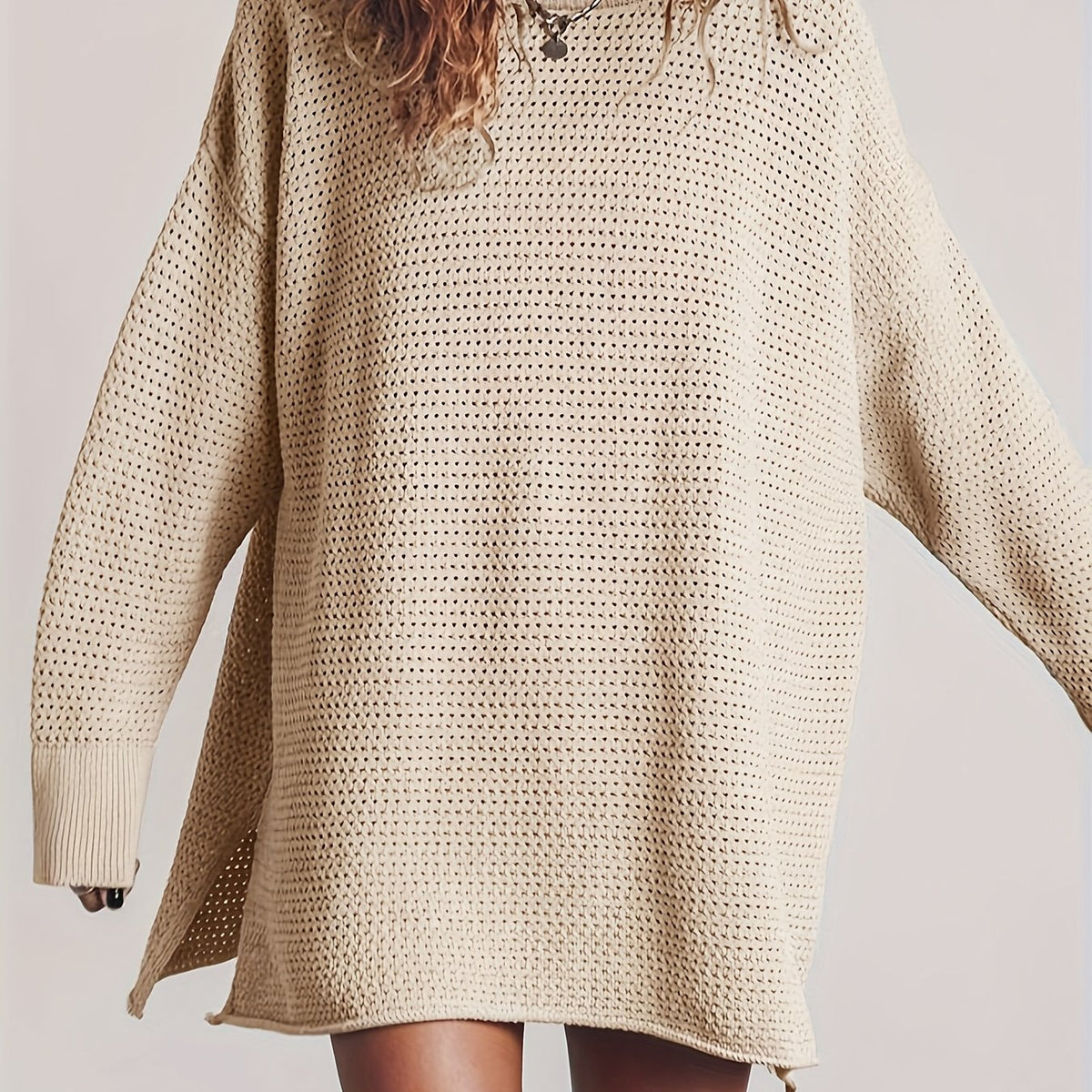  Casual Sweater Dress Solid Hollow Long Sleeve High Stretch Knitted Spl