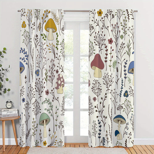 2pcs Mushroom Flowers Printed Window Curtains for Kids Bedroom