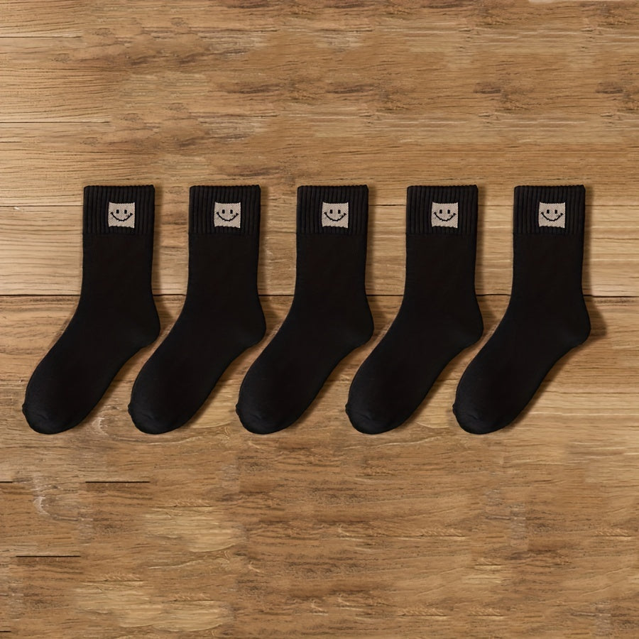 5 Pairs Smiling Face Print Socks Comfy Mid Tube Women's Stockings