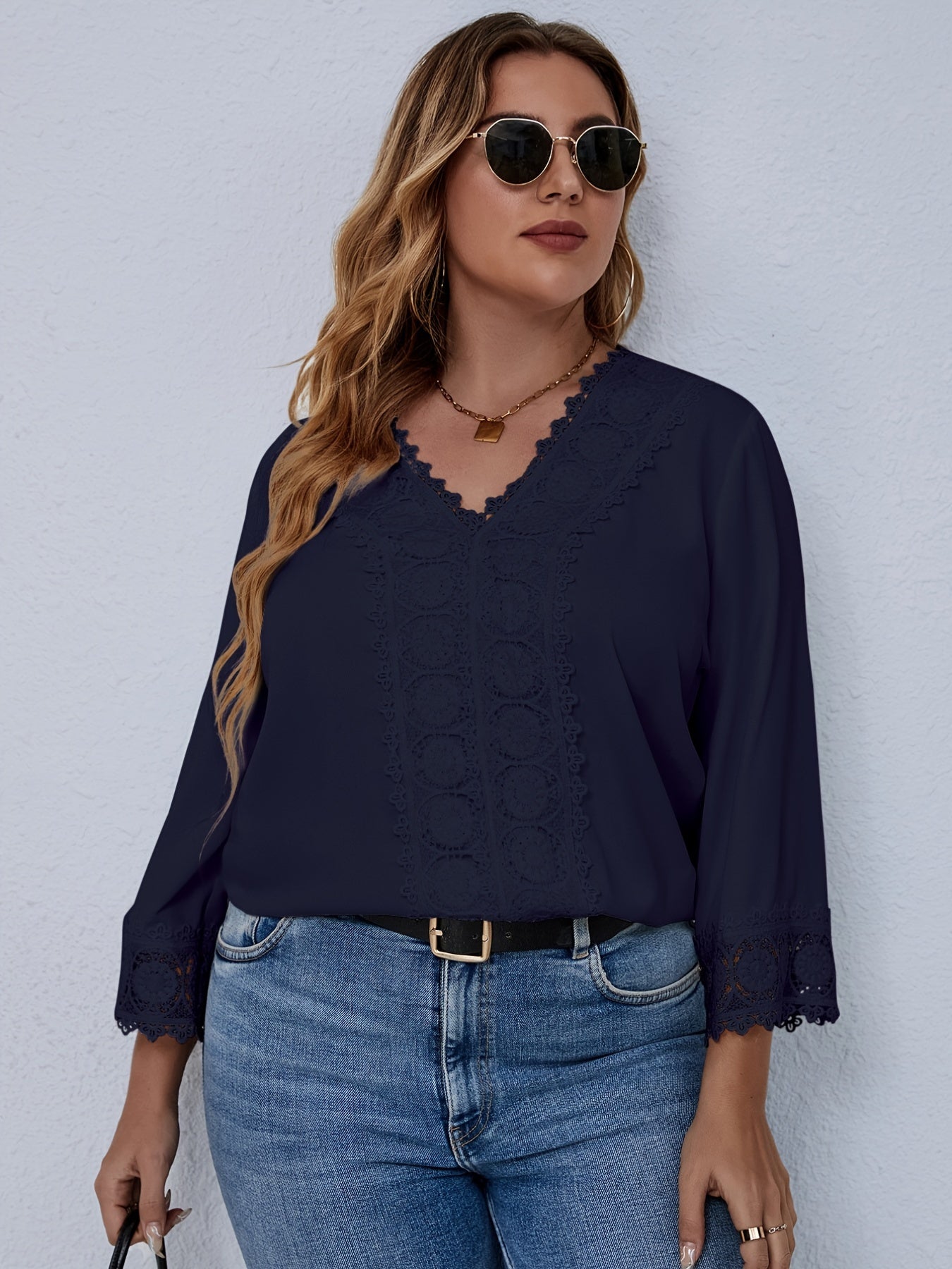  Casual Blouse Women's Plus Solid Contrast Lace Long Sleeve V Neck