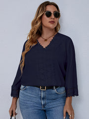  Casual Blouse Women's Plus Solid Contrast Lace Long Sleeve V Neck