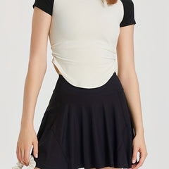 Women's Casual Raglan Shoulder Short Sleeve Patchwork Sports Top