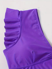  Bikini Top Solid V Neck Ruffle Trim Padded Swimwear