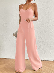Wide Leg Spaghetti Strap Jumpsuit Casual Solid Sleeveless Jumpsuit With Pocket