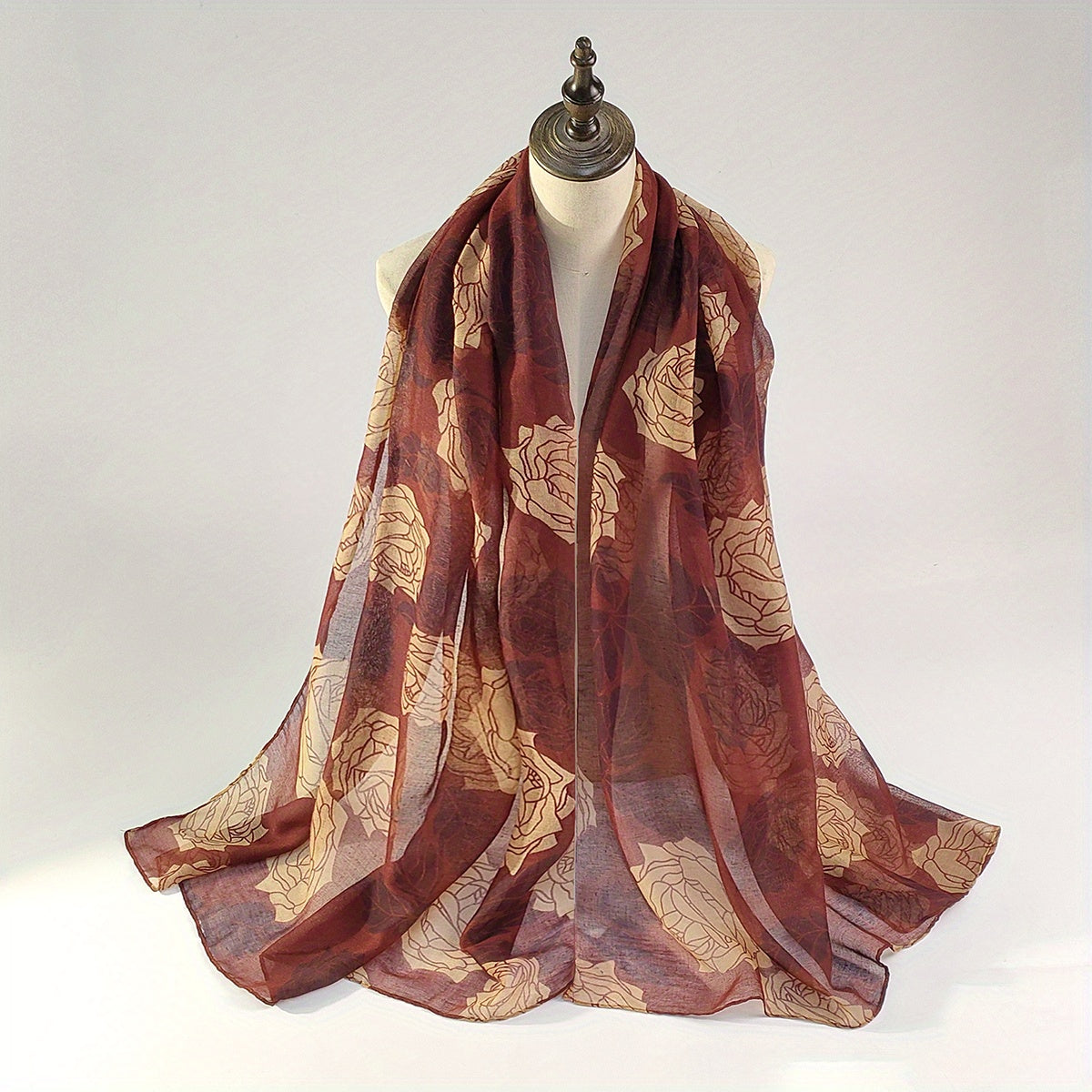 Rose Print Voile Scarf Vintage Large Shawl Women Casual Windproof Head Wrap Trav