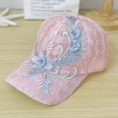 Flower Lace Baseball Cap with Faux Pearls