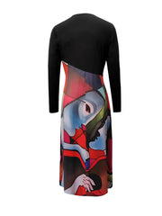 Abstract Print V Neck Dress Casual Long Sleeve Dress For Spring & Fall