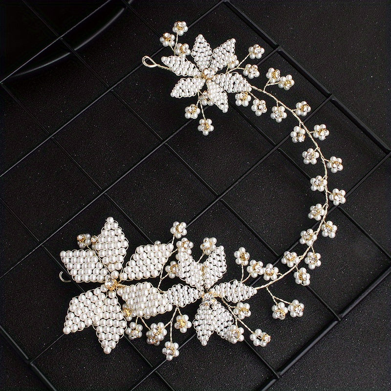 Pearl Tiara Braided Flower Headband Wedding Accessories