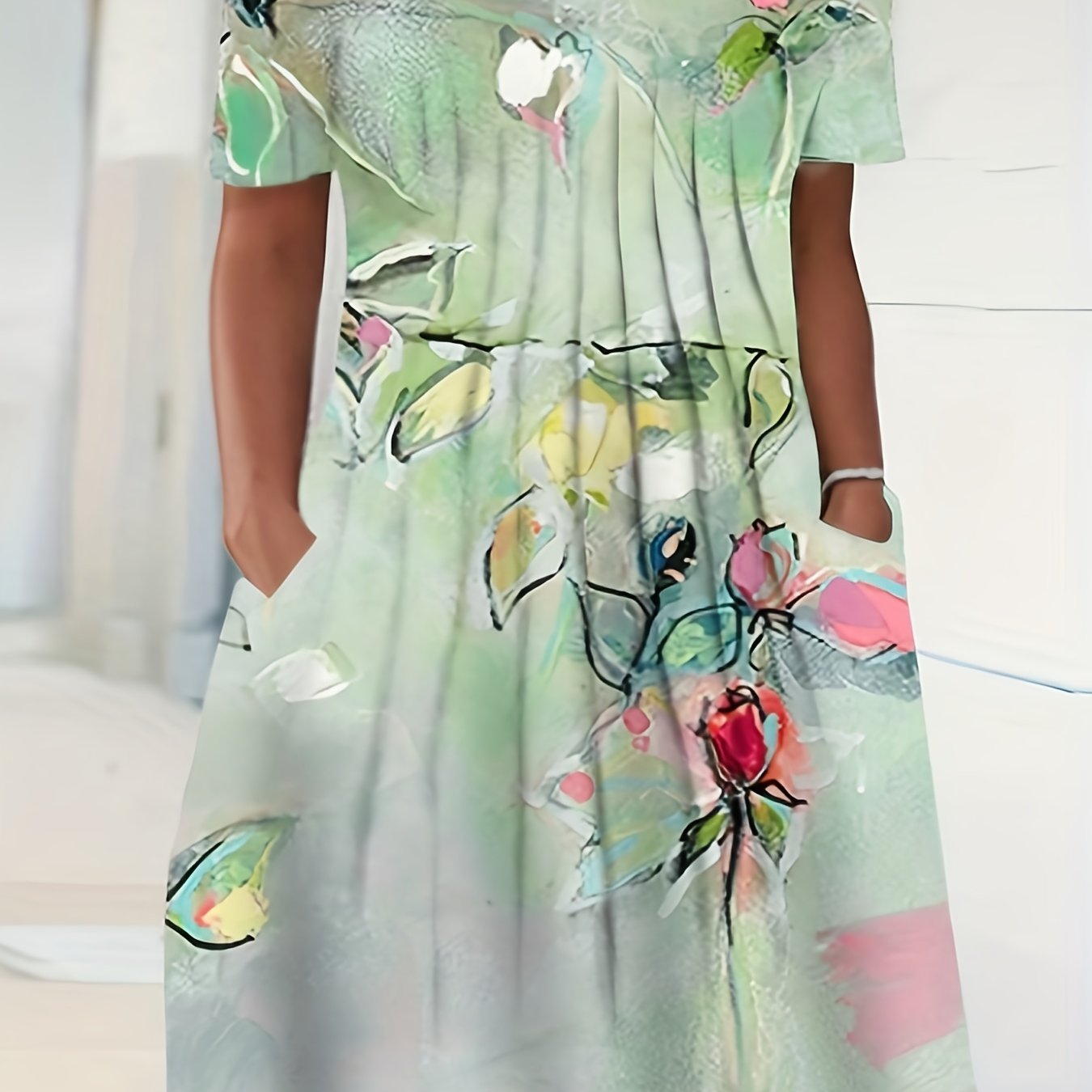 Floral Print Short Sleeve Dress With Pockets