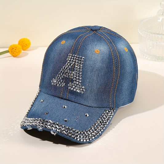 Rhinestone A Decor Baseball Cap Denim Washed Vintage Sun Hats Sunscreen Golf Dad