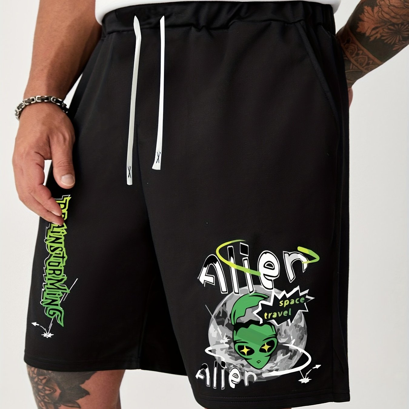 Alien Comfy Drawstring Shorts Men's Casual Solid Stretch Elastic Waist Shorts