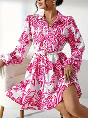  Retro Dress Women's Plus Floral Print Lantern Sleeve Button Up