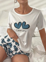 Heart Print Pajama Set Short Sleeve Top & Shorts Women's Sleepwear