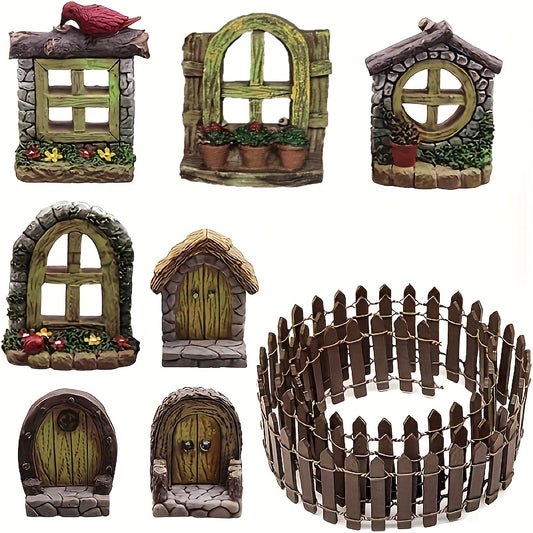 8pcs Mini Fairy Door And Window Set for Garden Bonsai Terrarium