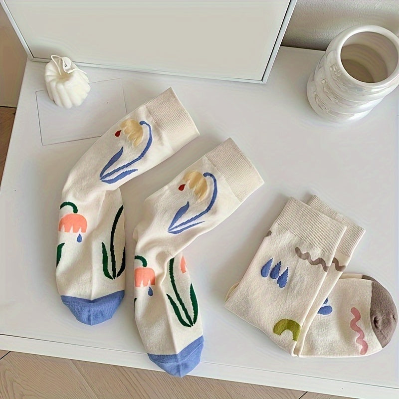 5 Pairs Floral Cartoon Print Socks Women's Stockings