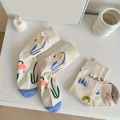 5 Pairs Floral Cartoon Print Socks Women's Stockings