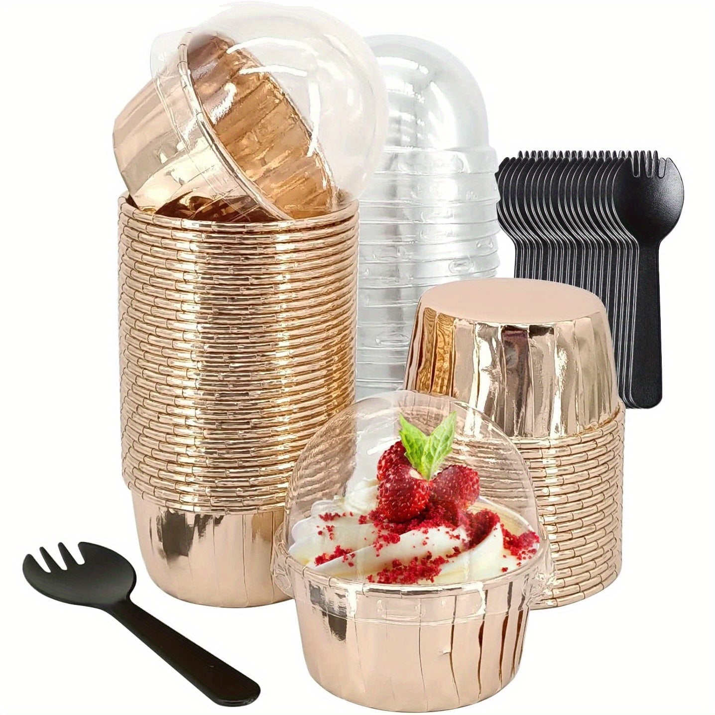 50pcs Disposable Muffin Cups With Lids, Spoons and Glossy Cupcake Liners
