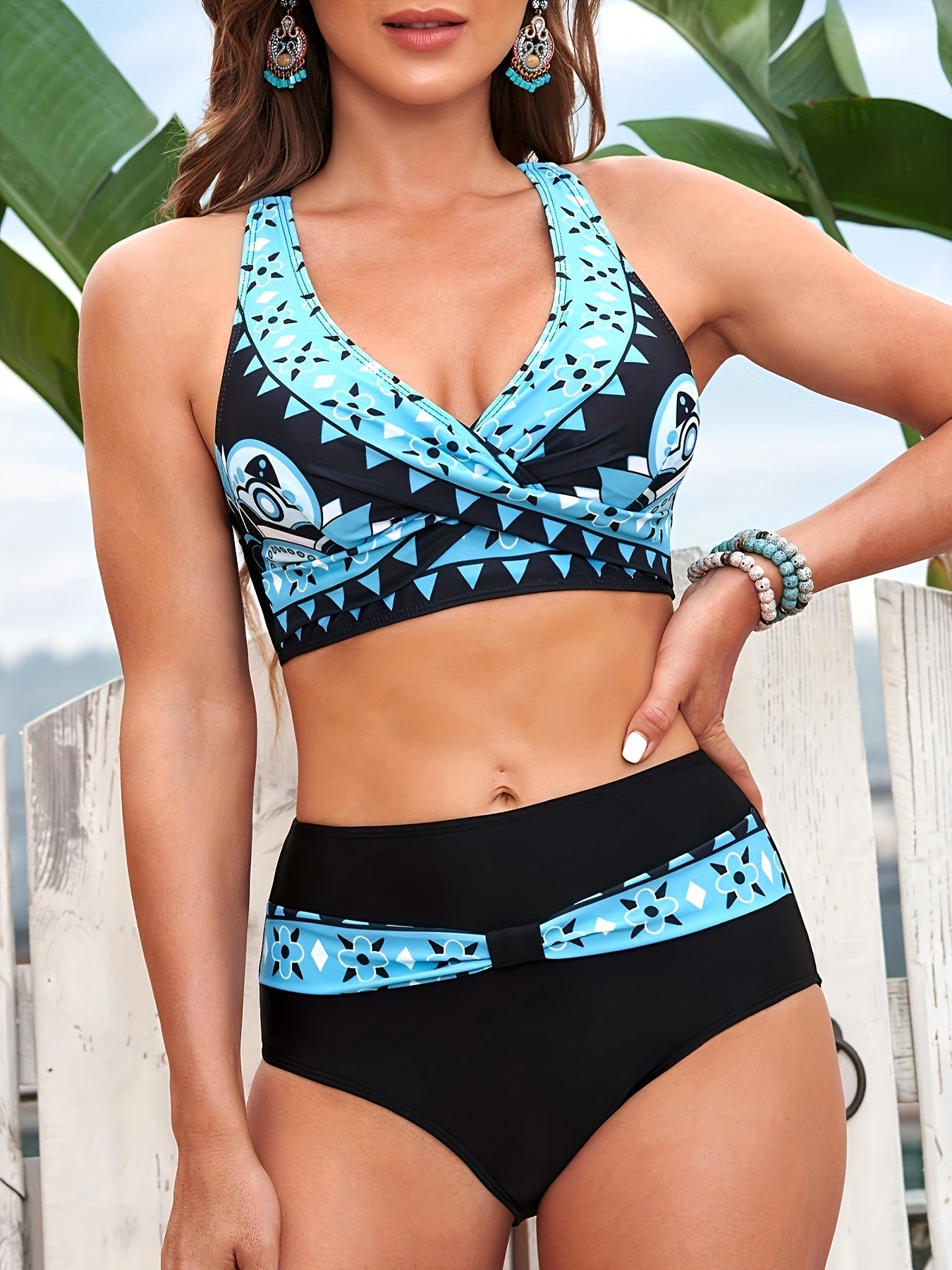  Boho Bikini Set - Geo Print V Neck Crisscross Back