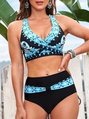  Boho Bikini Set - Geo Print V Neck Crisscross Back