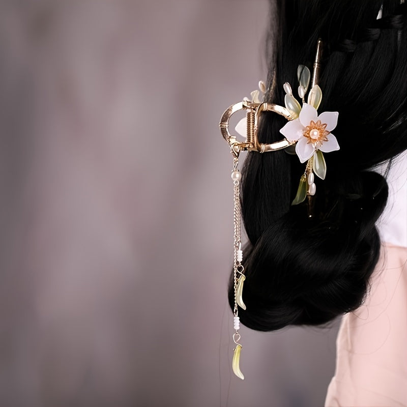 Vintage Flower & Tassel Charm Hair Claw Banana Clip