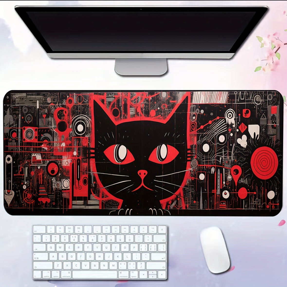 Cyber Kitten Pattern Mouse Pad - Anime Office Keyboard Pad