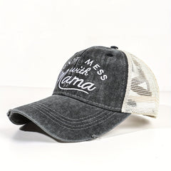 Mom Baseball Cap Distressed Trucker Hat Ponytail Mesh Embroidery Sun Hat