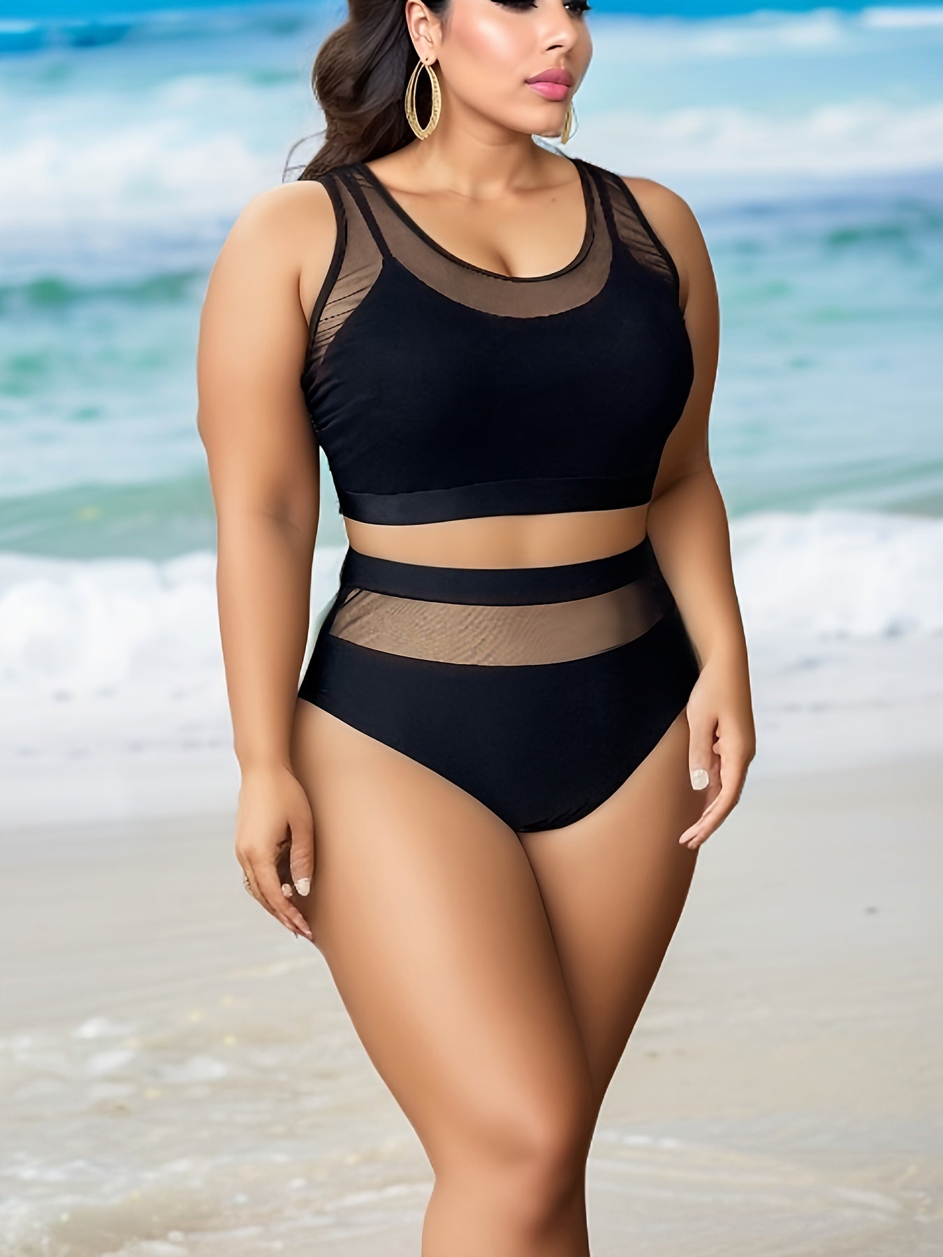  Mesh Tank Bra & High Waisted Panty Swimsuit Set