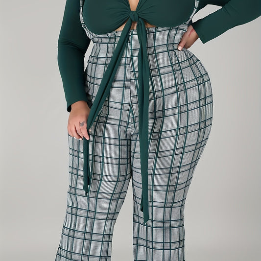  Long Sleeve Crop Top & Plaid Wide Leg Jumpsuit Set