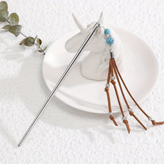 Retro Style Hair Stick With Turquoise Bead Tassel Boho Style Hair Pin