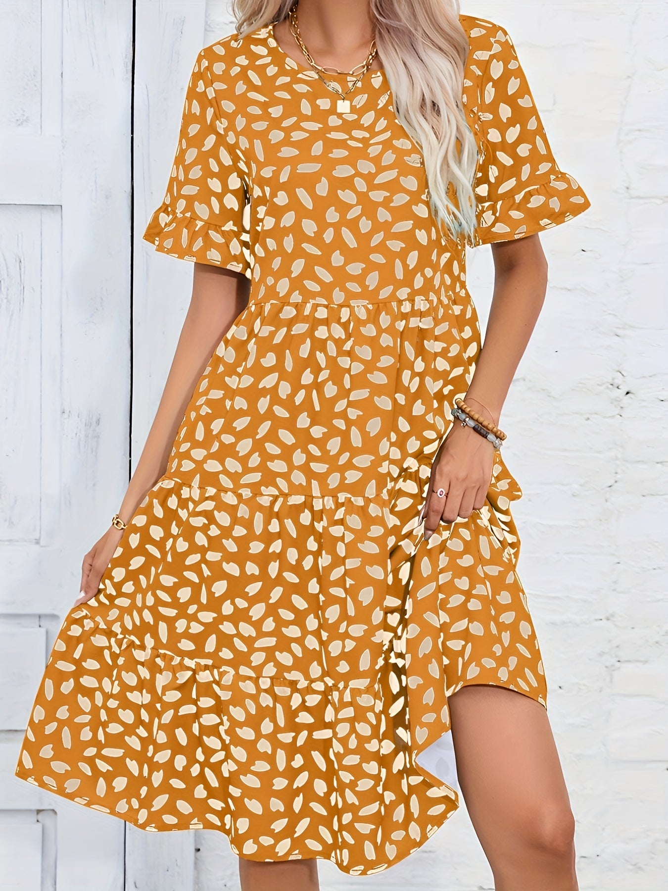 Printed Ruffle Trim Dress Casual Ruched Short Sleeve Dress