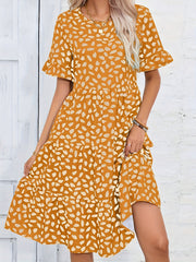 Printed Ruffle Trim Dress Casual Ruched Short Sleeve Dress