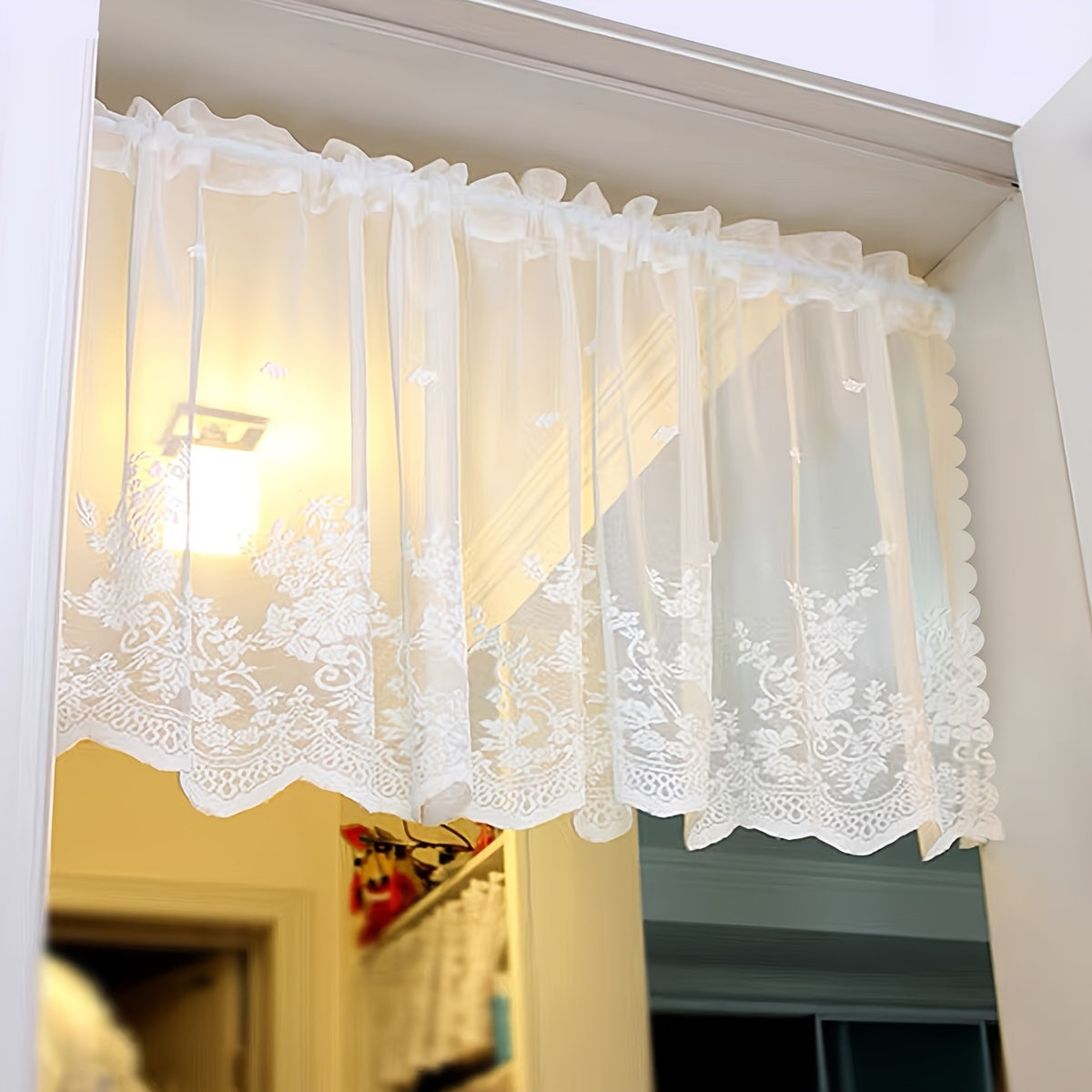 Lace Cafe Curtain Flower Design Rod Pocket Kitchen Dining Room Window Decor