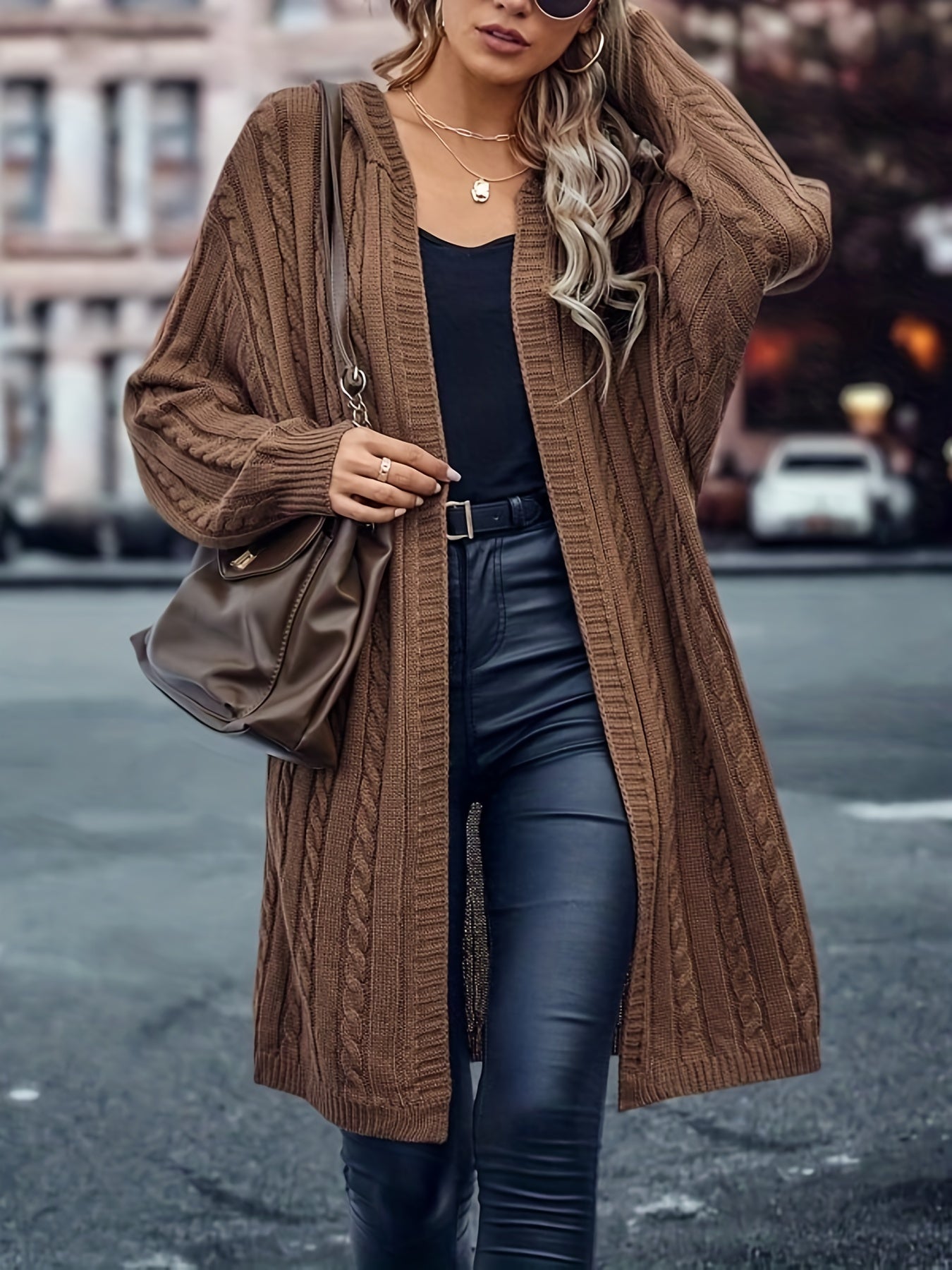  Cable Knit Open Front Hooded Sweater Cardigan