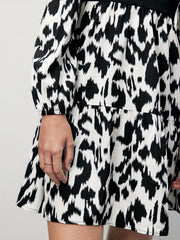  Colorblock Leopard Print Lantern Sleeve V Neck Smock Dress