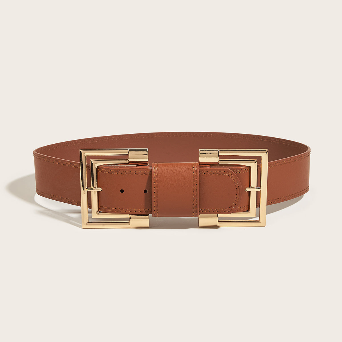 Vintage PU Leather Belt Double Square Metal Buckle Wide Belt Women's