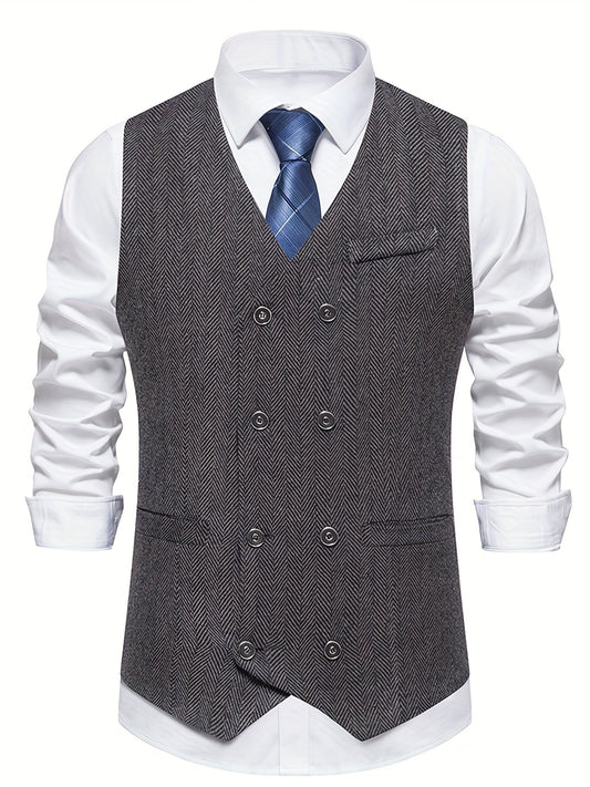 Classic Herringbone Double Breasted Men's Vest Wedding Retro Suit