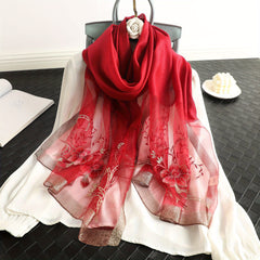 Flower Embroidery Silk Blend Scarf Solid Shawl Breathable Windproof Head Wrap
