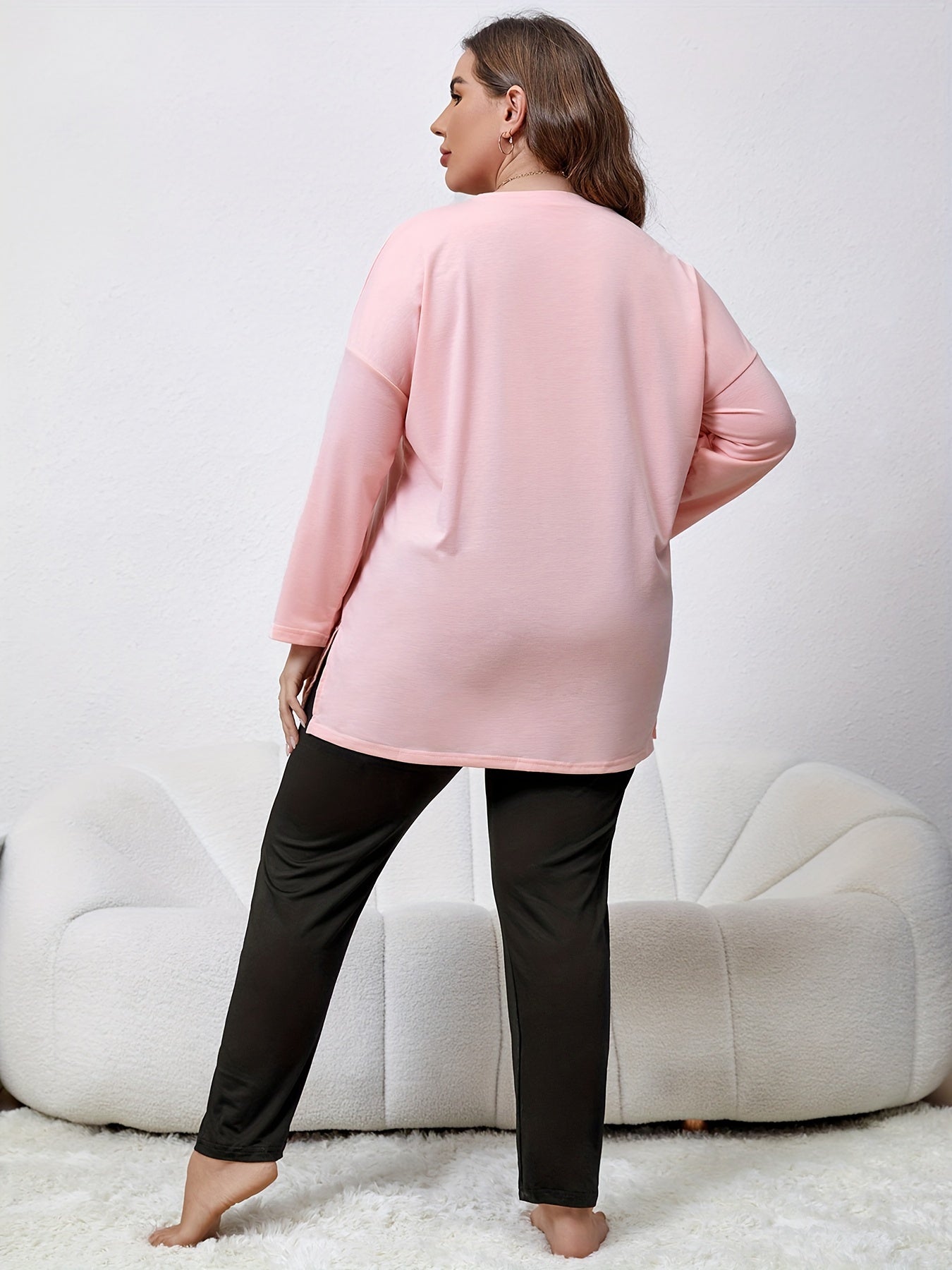 Lounge Set Women's Plus Letter Print Long Sleeve Tee & Pants
