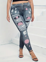  Denim & Floral Print High Rise Leggings
