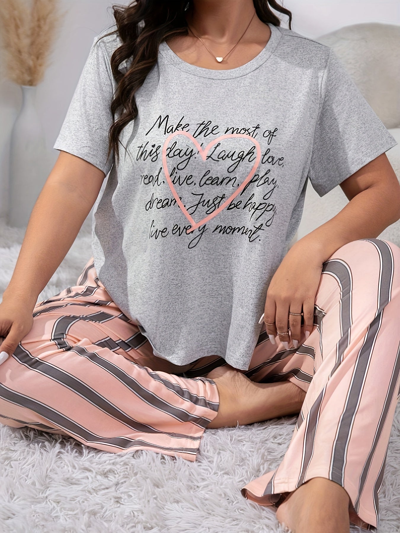  Heart & Slogan Print Tee & Striped Pants Lounge Set