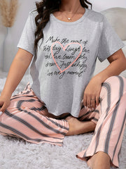  Heart & Slogan Print Tee & Striped Pants Lounge Set